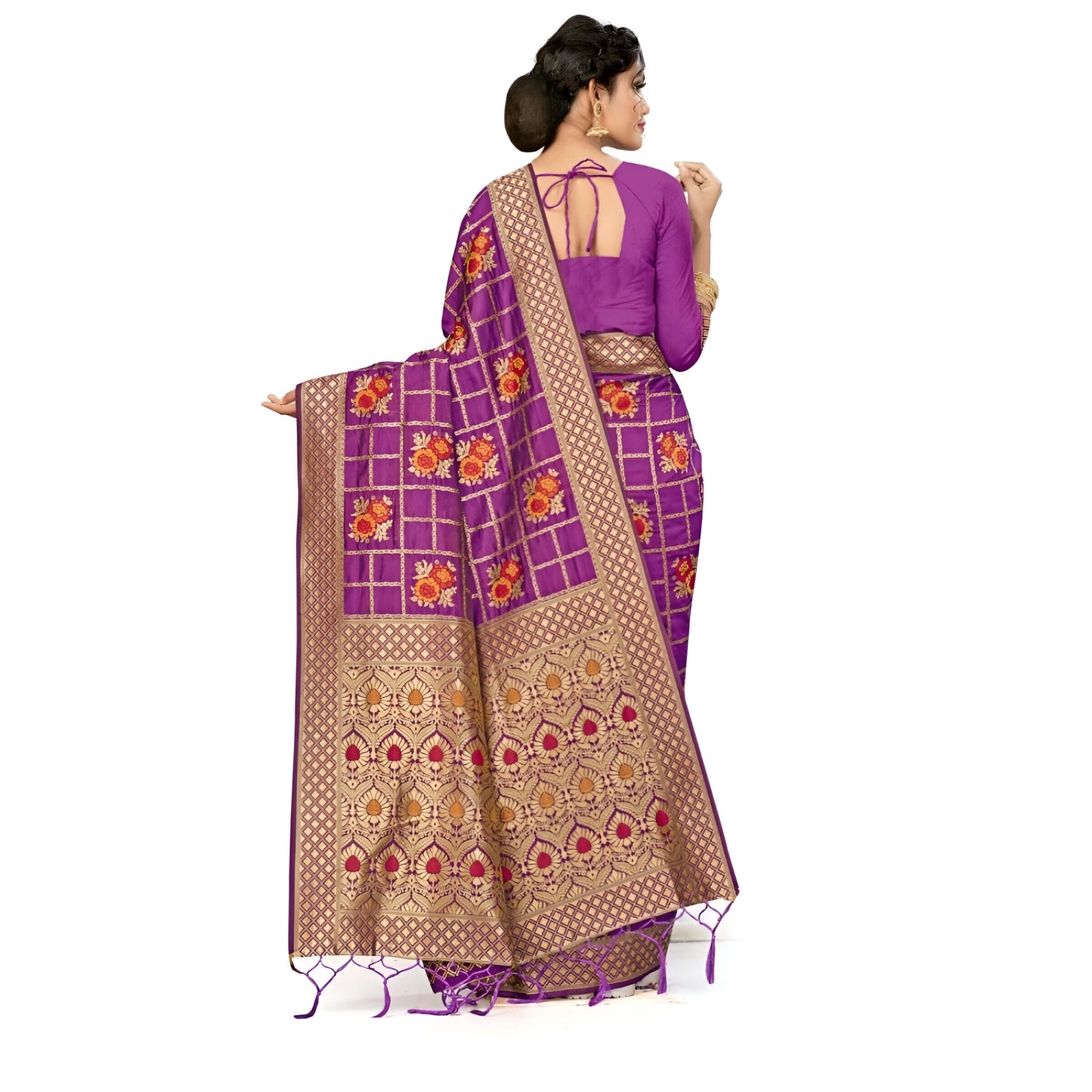 Pallu of the saree showing intricate motifs and border designs in studio