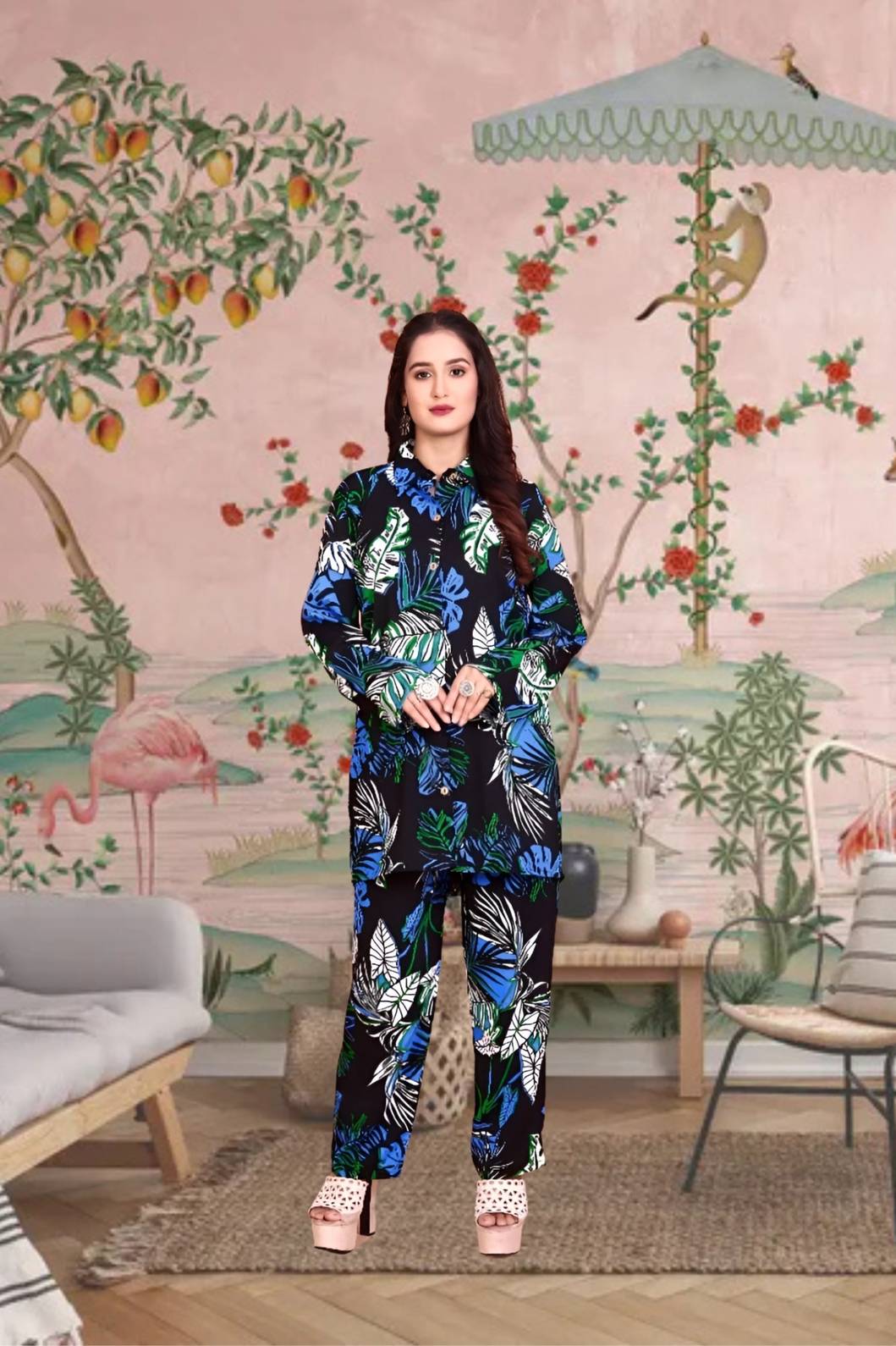 Front view of black printed rayon co-ord set with mandarin collar