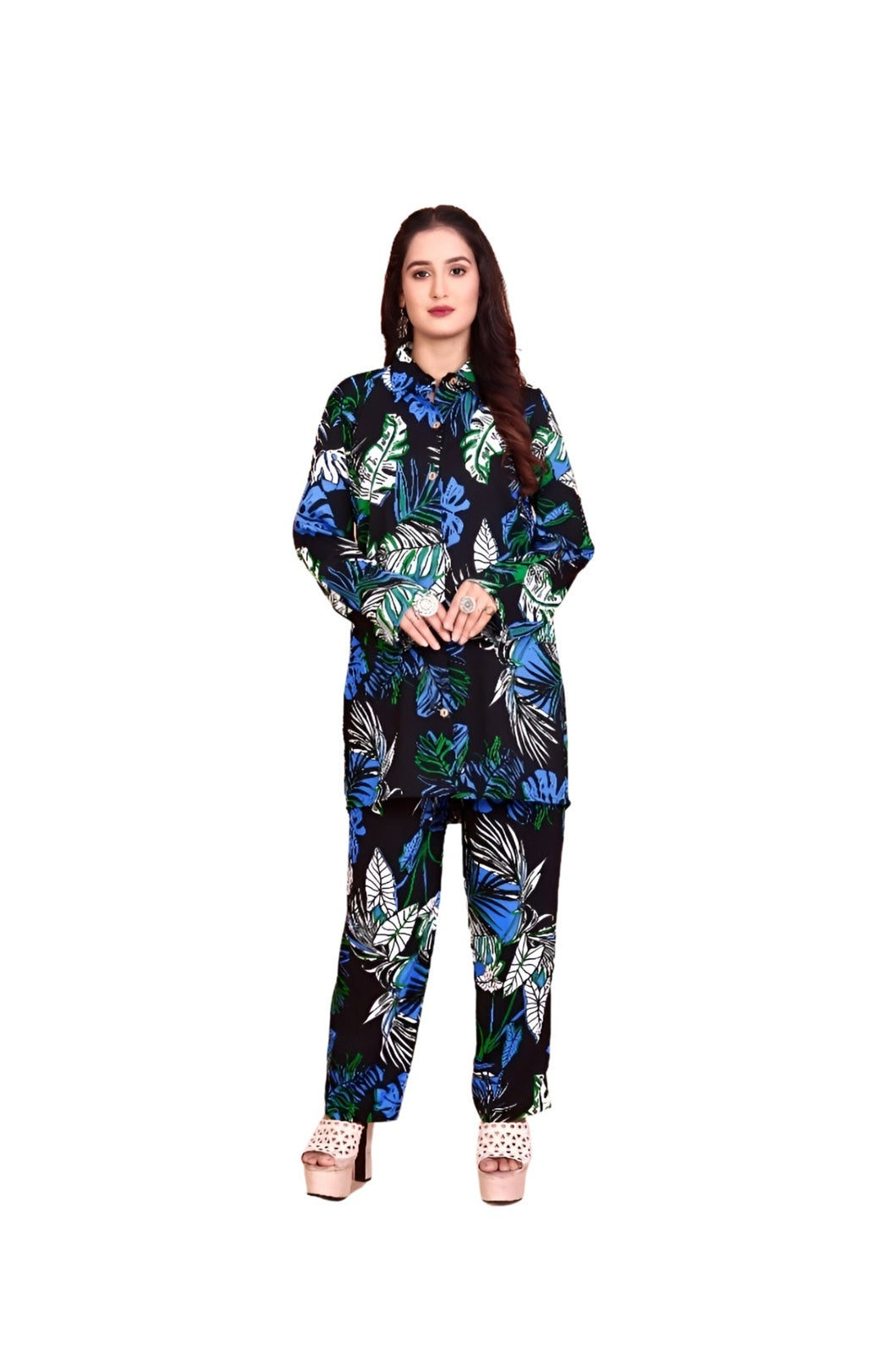 Front view of black printed rayon co-ord set with mandarin collar