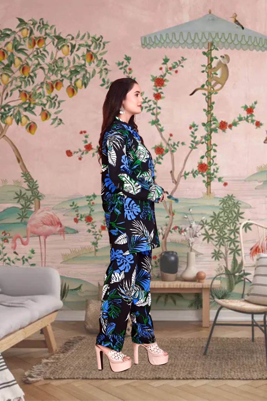 Left profile capturing sleeve detailing and silhouette