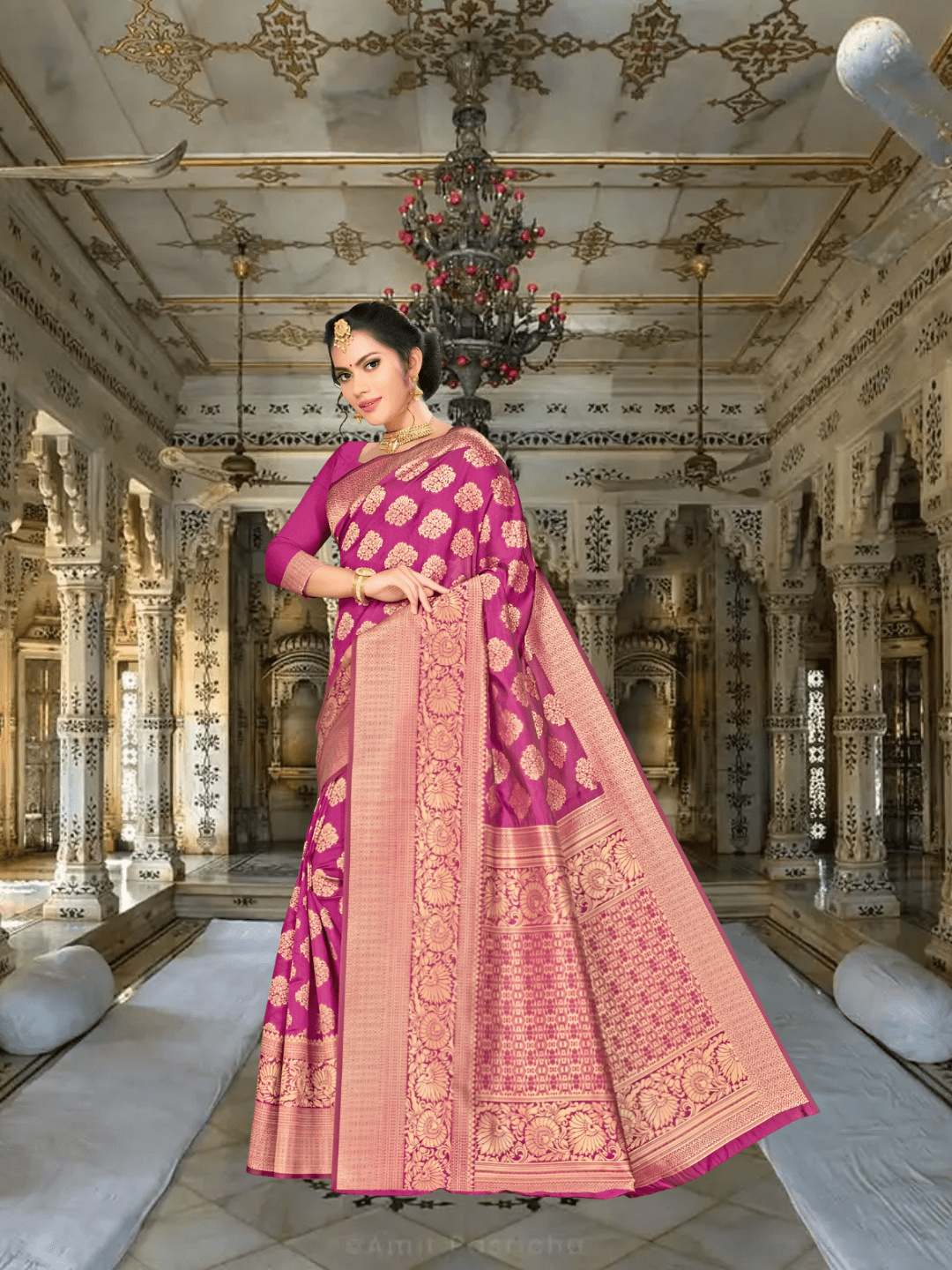 Intricate gold zari border design on wine purple Banarasi silk fabric