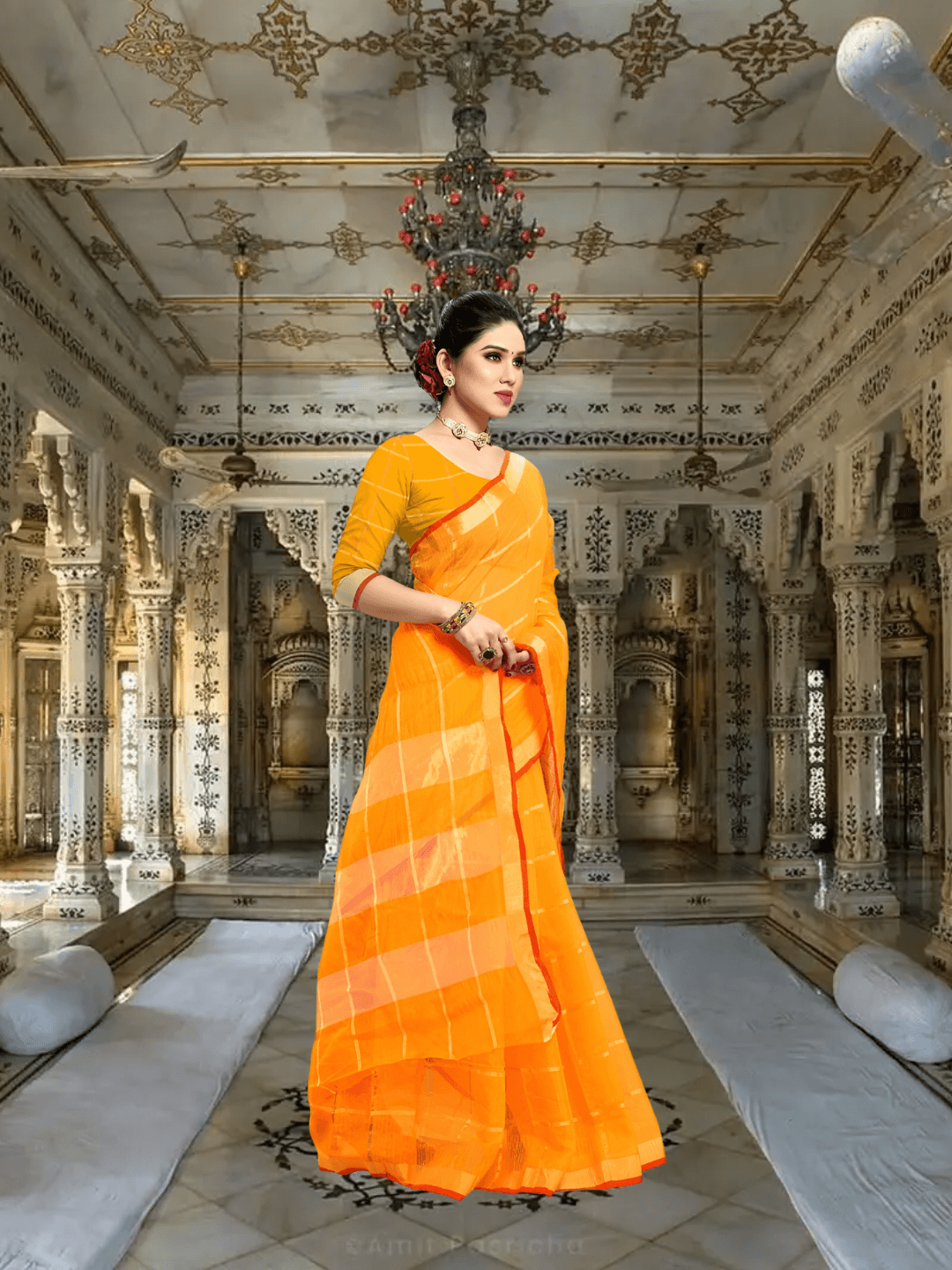 Profile view with shoulder drape, checks creating quiet geometric harmony