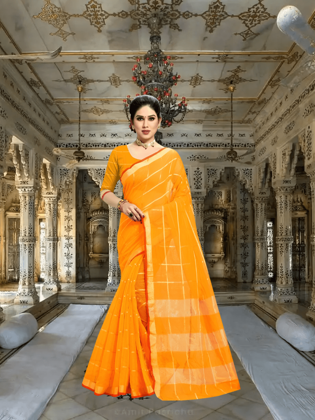 Model mid-walk through arched hallway, checkered patterns glistening in natural light