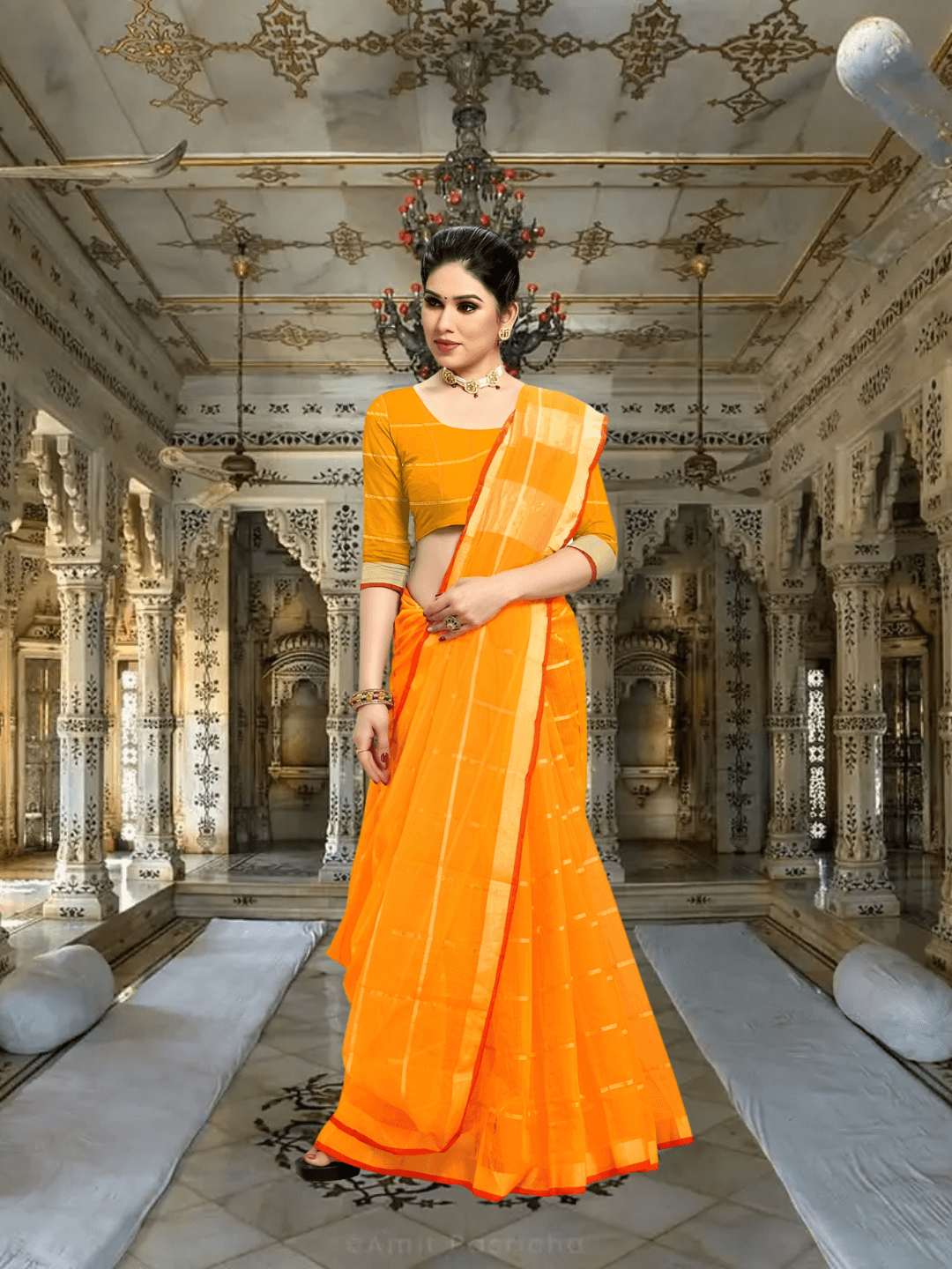 Back pose, fabric cascading like a vintage scroll of notes and patterns