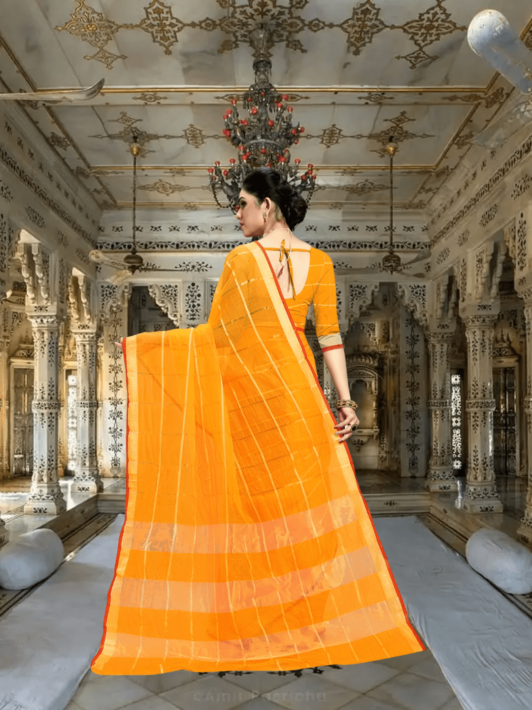 Back pose, fabric cascading like a vintage scroll of notes and patterns