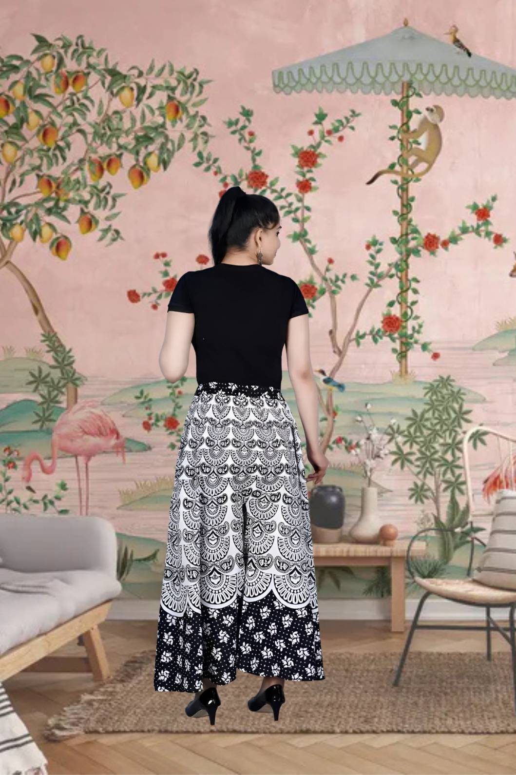 Rear view showing flared silhouette beneath old archways