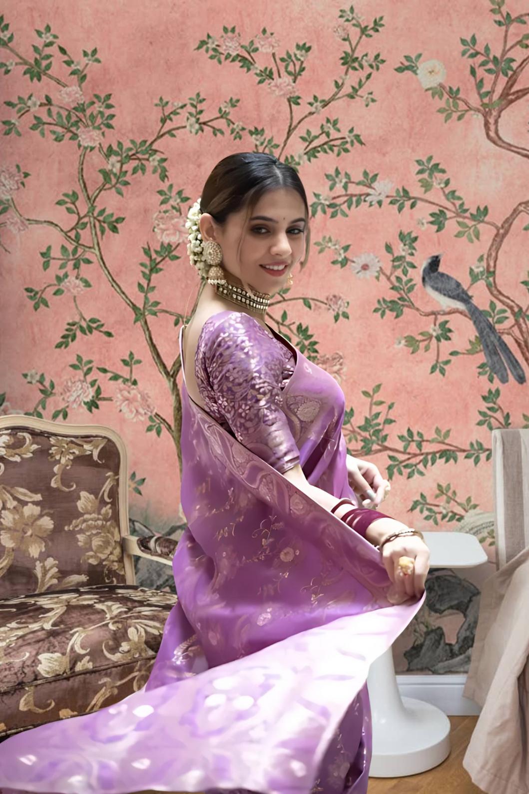 Rear angle showing embellished pallu flowing elegantly