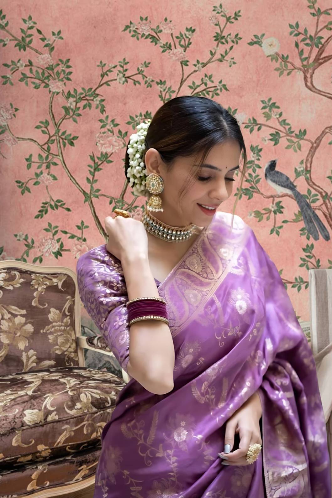 Front view in lavender art silk against royal backdrop