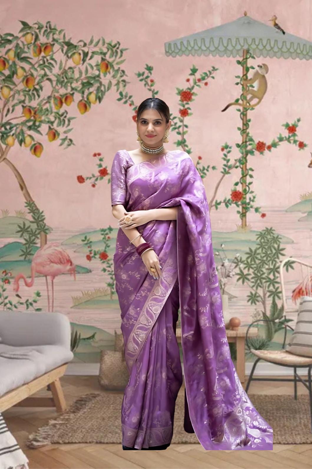 Front view in lavender art silk against royal backdrop