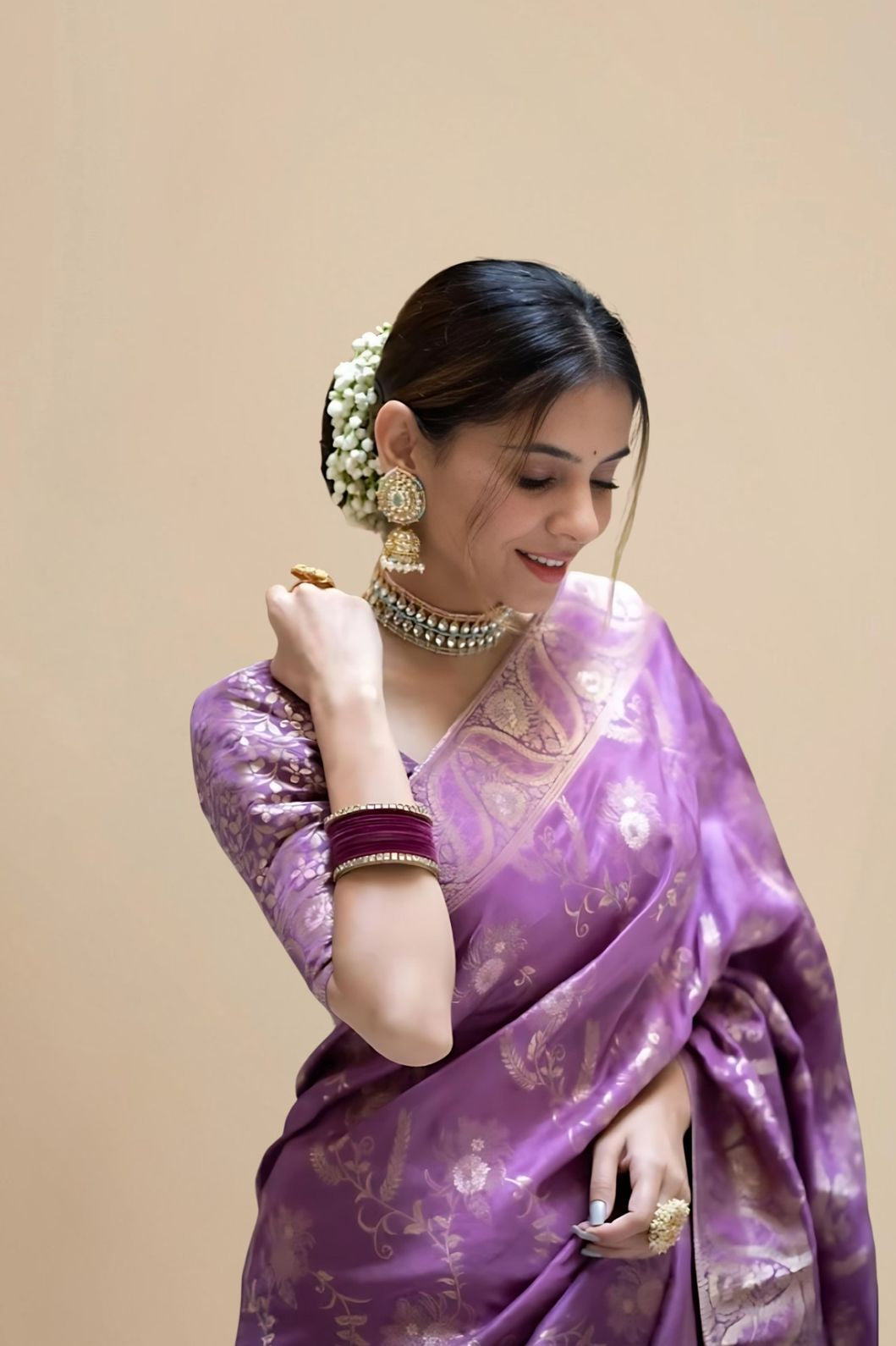 Studio front image showing silk texture and blouse combo