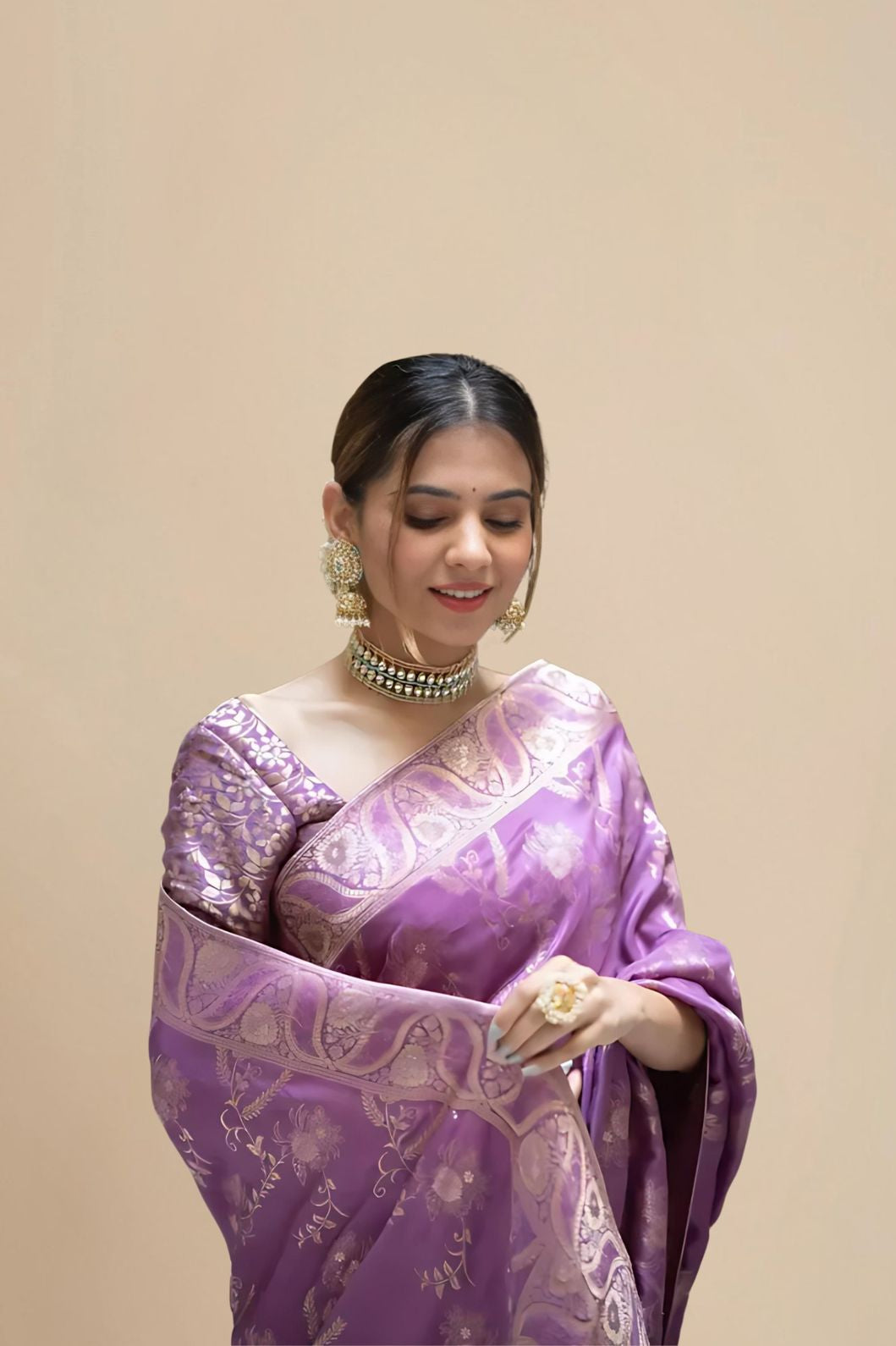 Studio front image showing silk texture and blouse combo