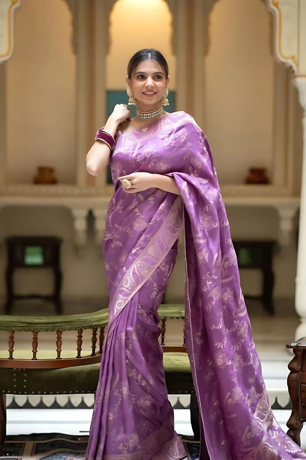 Studio front image showing silk texture and blouse combo