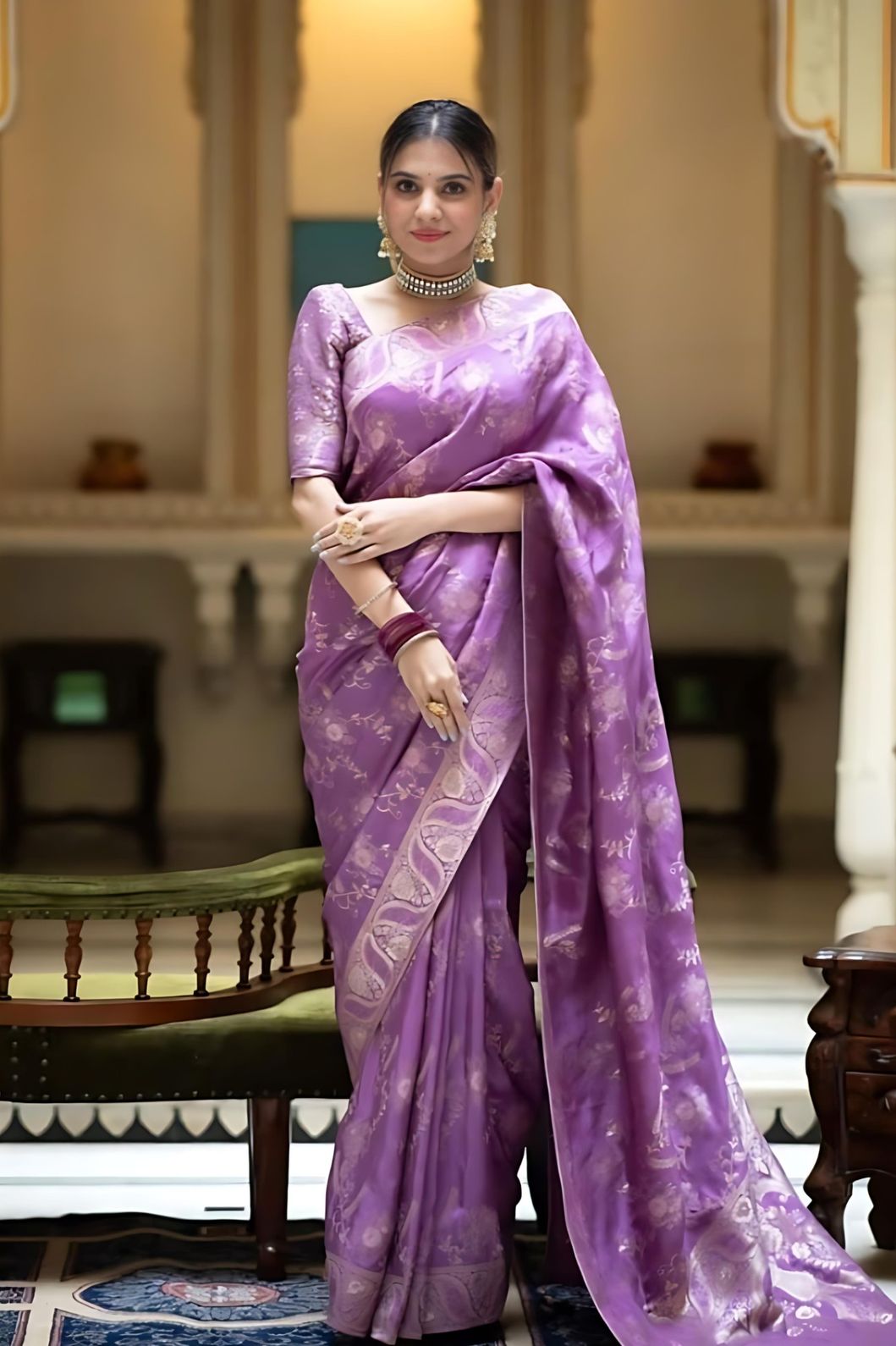 Studio front image showing silk texture and blouse combo