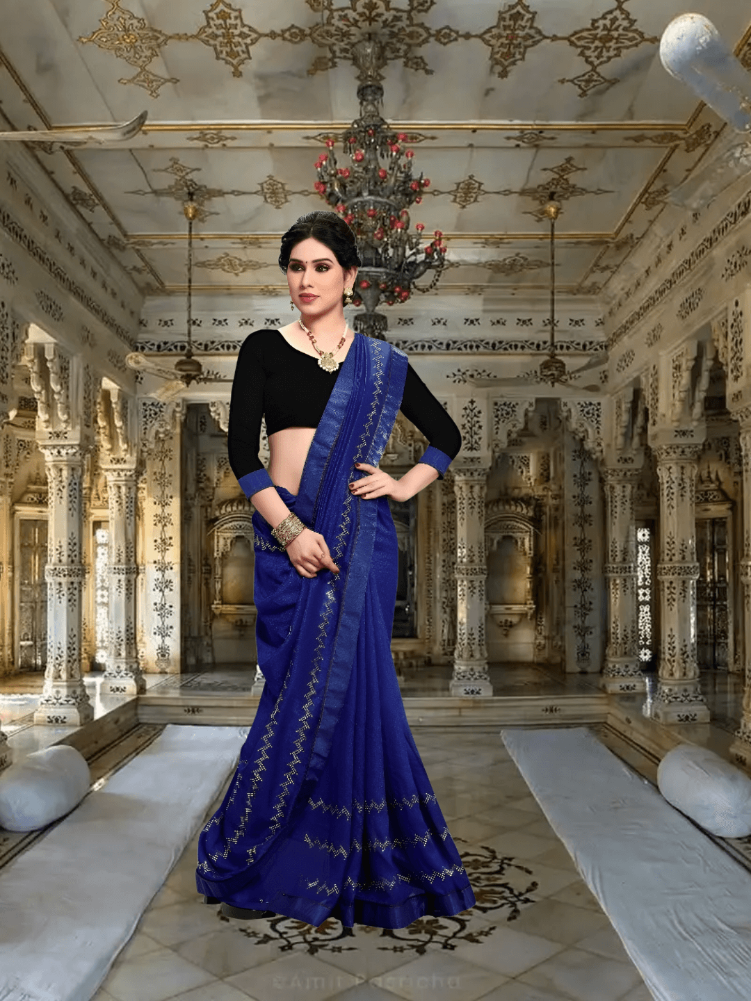 Black blouse paired with navy Vichitra silk saree in elegant contrast frame