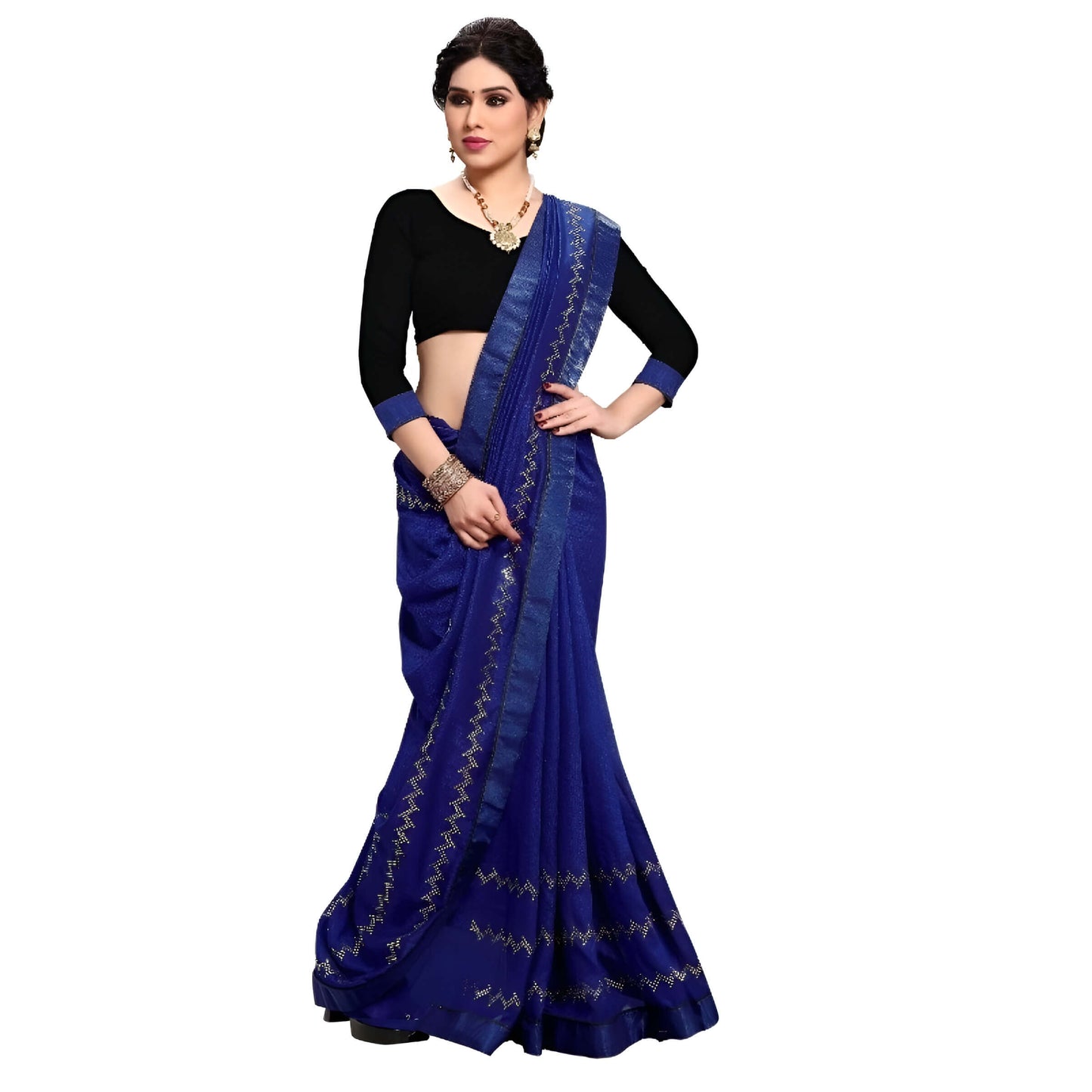 Model draped in navy Vichitra silk, back pose highlighting blouse and pallu drop