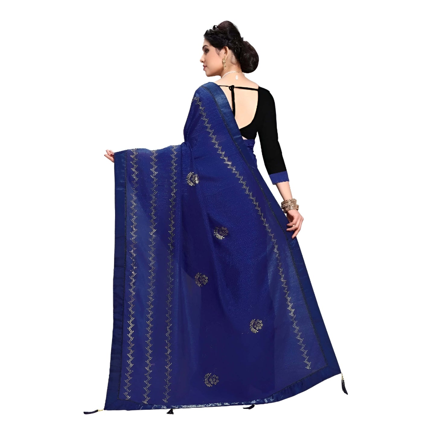 Navy blue pallu captured mid-motion against white background studio