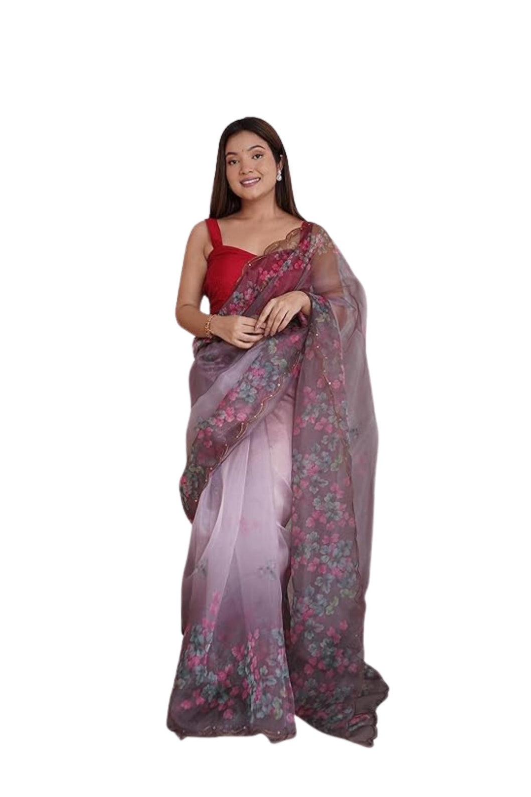 Front angle of wine colored organza saree with floral prints