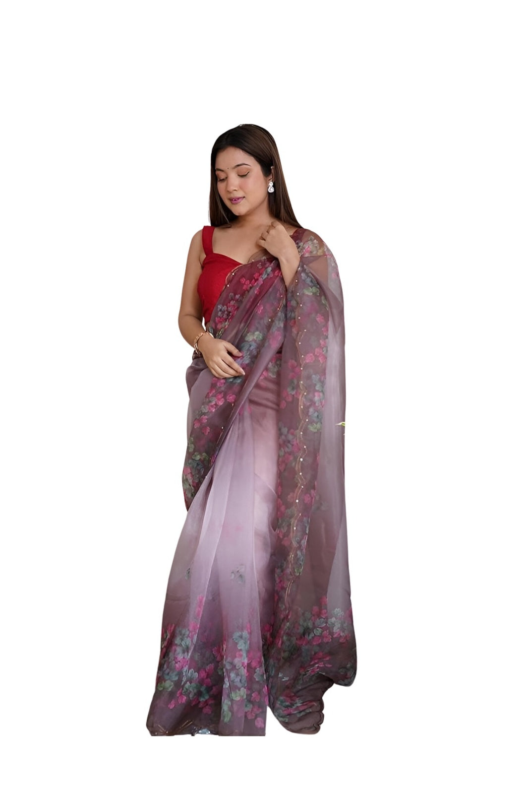 Front angle of wine colored organza saree with floral prints