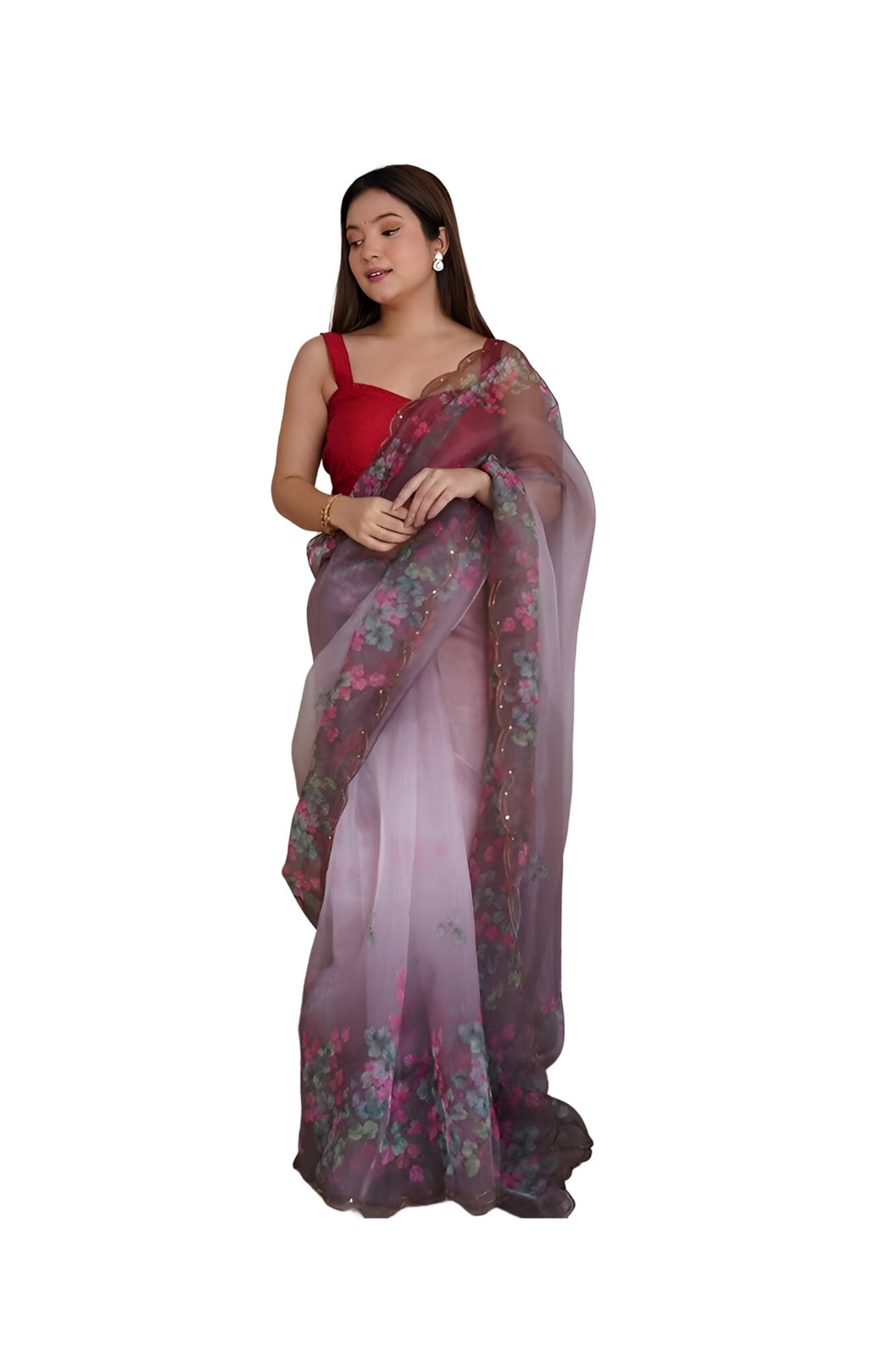 Front angle of wine colored organza saree with floral prints