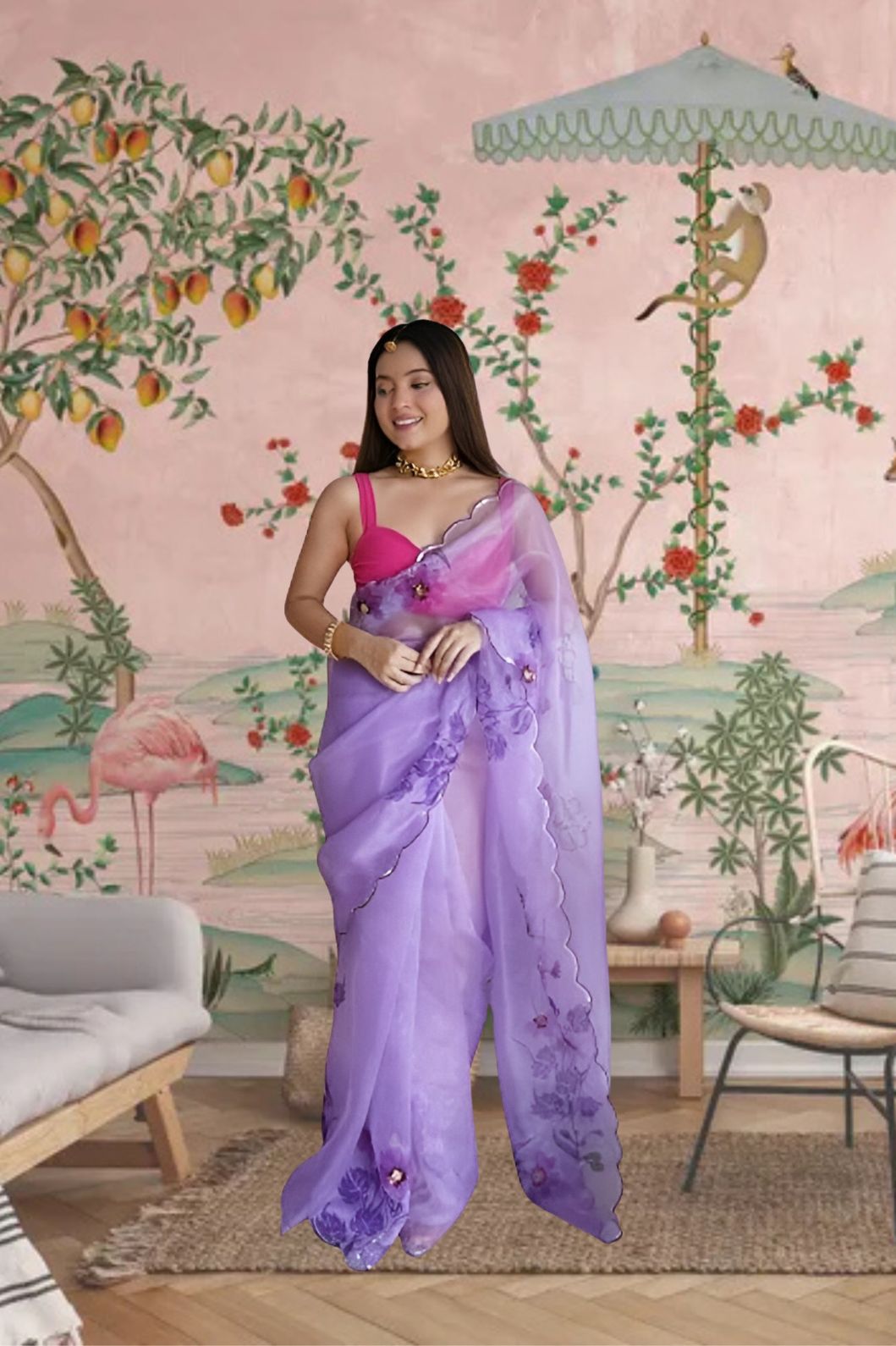 Front view of CELESTINA purple organza saree in royal palace setting