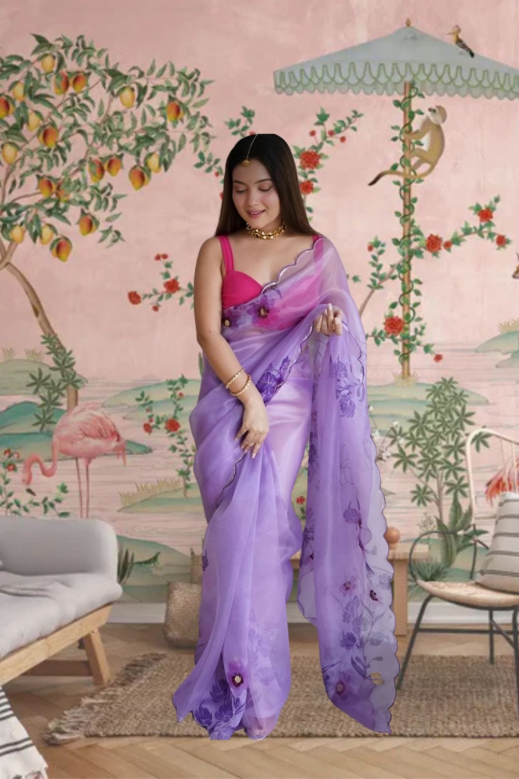 Front view of CELESTINA purple organza saree in royal palace setting