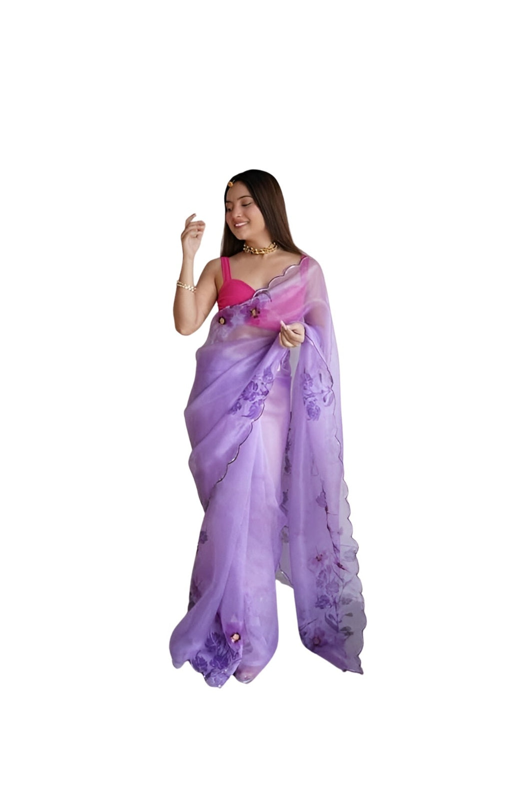 Studio front view of CELESTINA purple organza printed saree