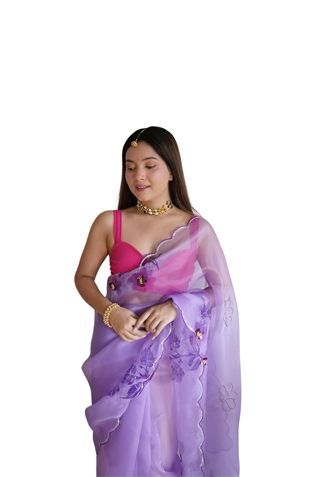 Studio front view of CELESTINA purple organza printed saree
