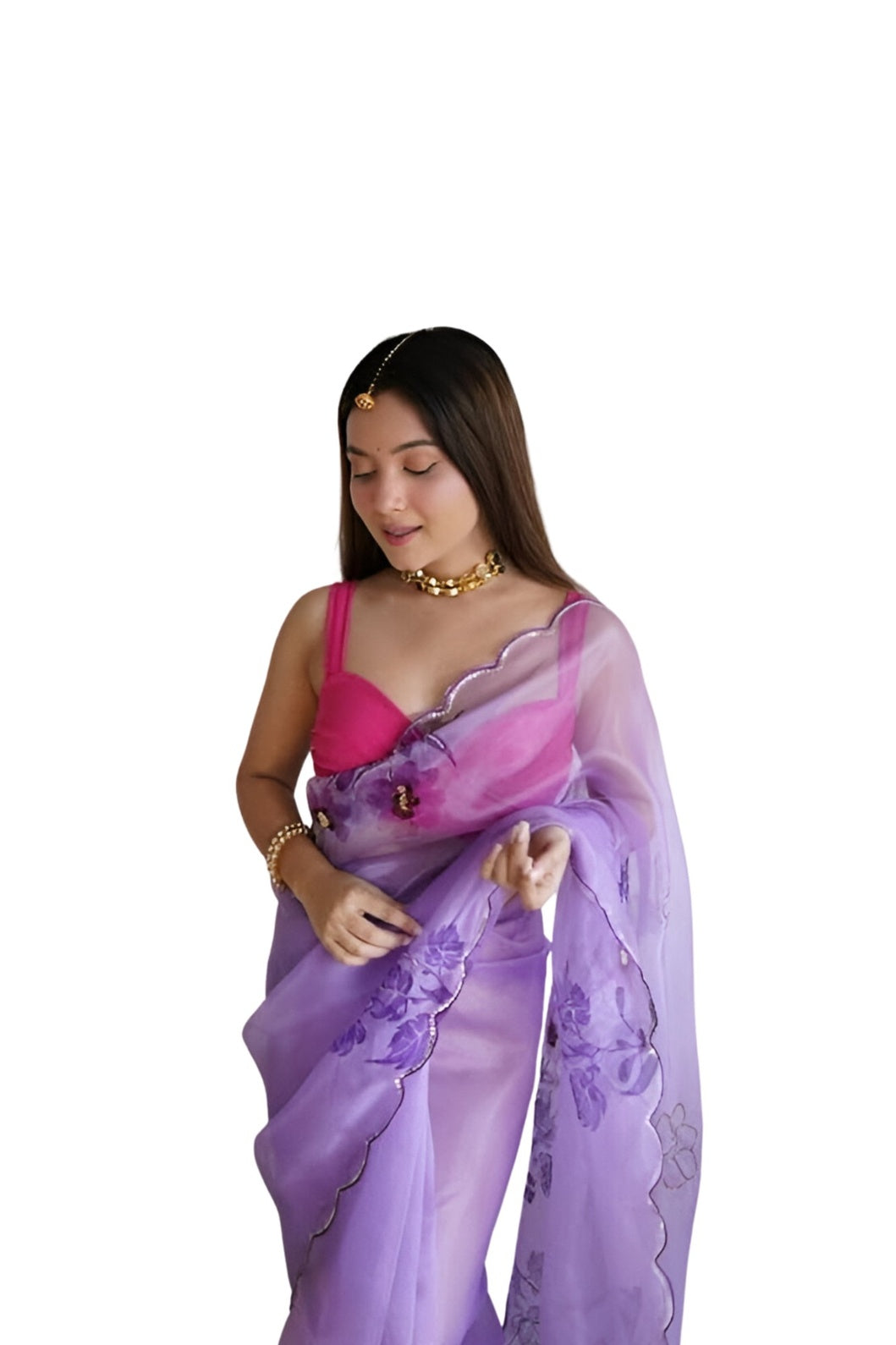 Studio front view of CELESTINA purple organza printed saree