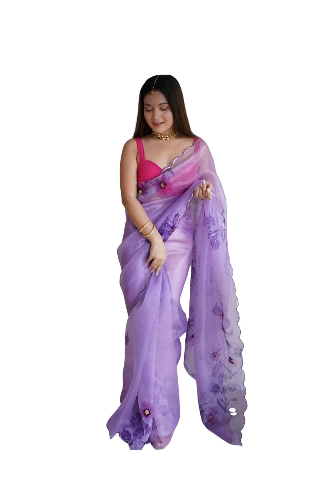 Studio front view of CELESTINA purple organza printed saree