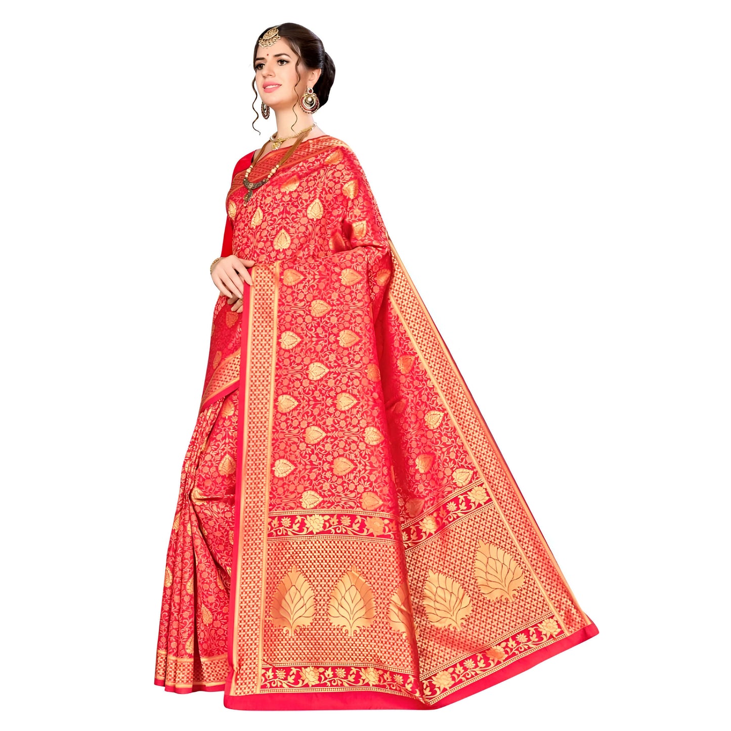 Full-length image of red Banarasi silk saree with intricate gold abstract design