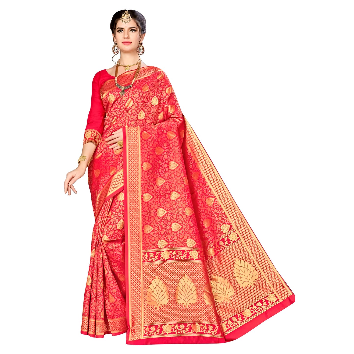 Golden abstract motif close-up on rich red silk fabric