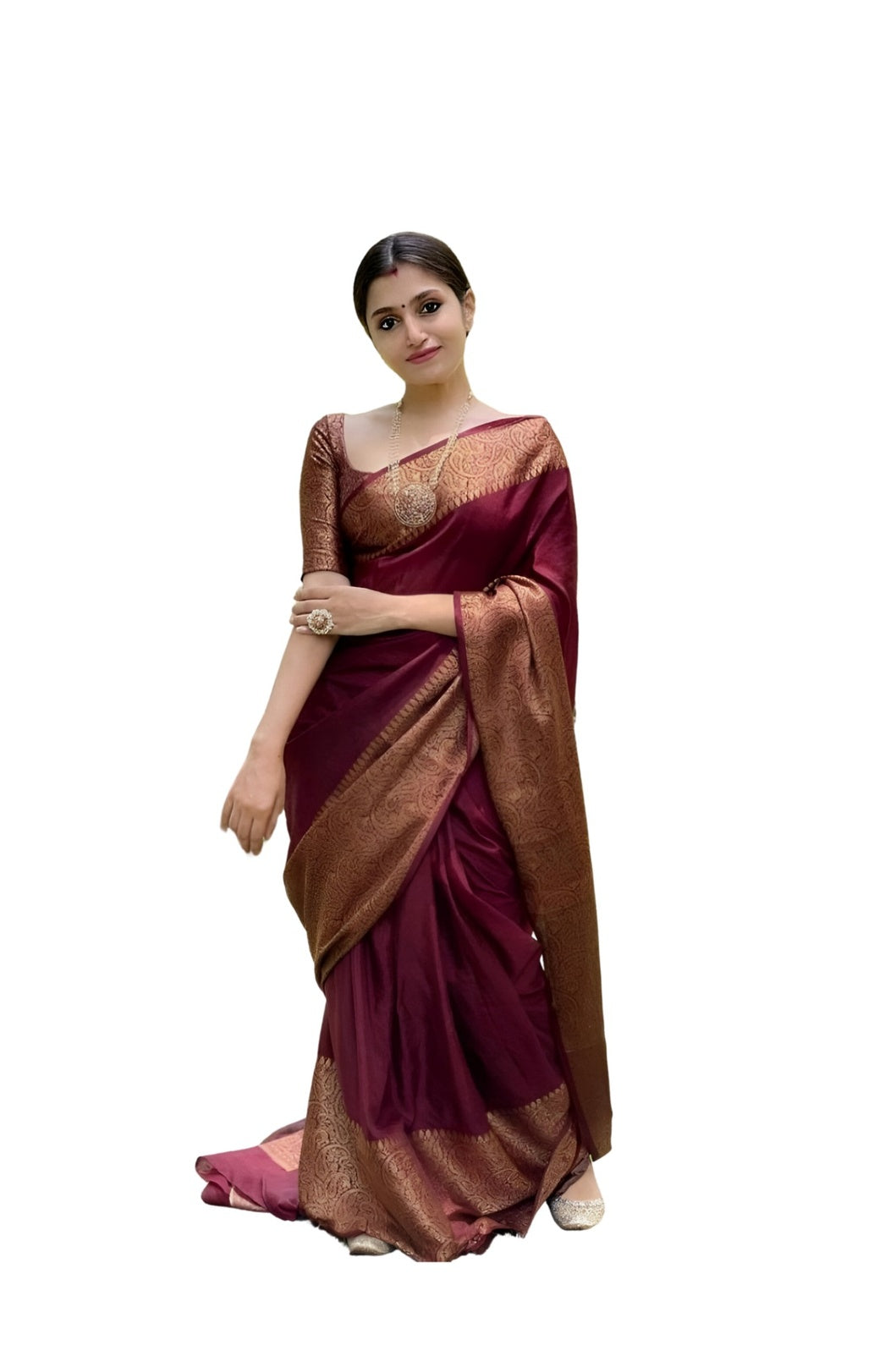 Studio front pose of maroon saree draped formally – white background