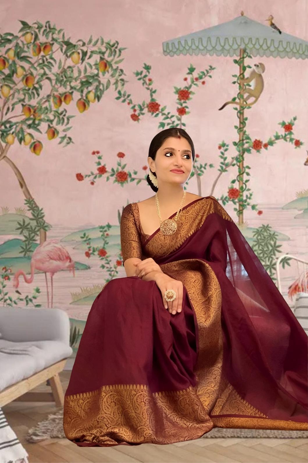 Front view of 🩷 Raktamukhi maroon Lichi silk saree draped elegantly – lifestyle background