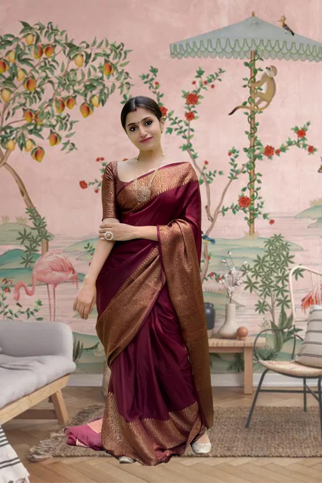 Front view of 🩷 Raktamukhi maroon Lichi silk saree draped elegantly – lifestyle background