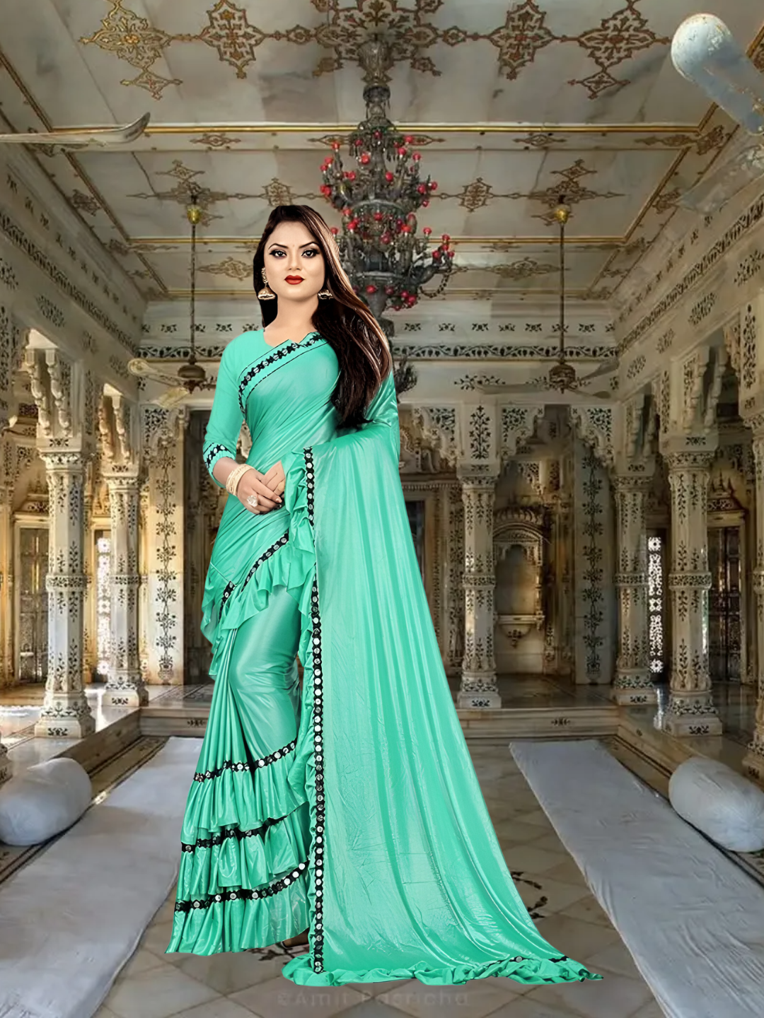 Rama Ivory plain Lycra saree with matching blouse - versatile basic