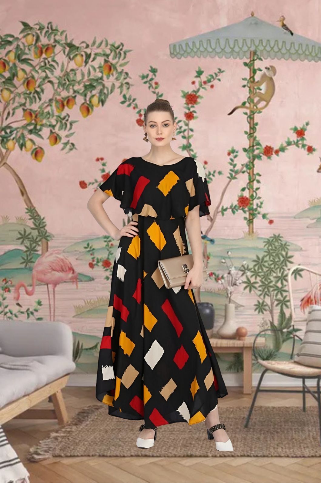 Front view of multicolor printed gown for women by CELESTINA