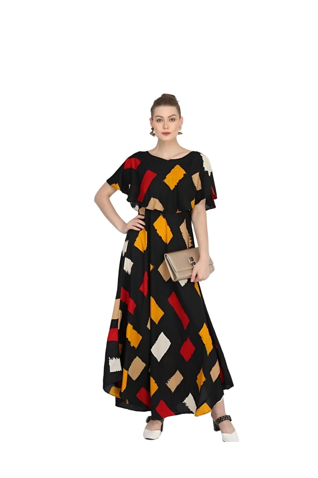 Studio front image of CELESTINA multi color printed crepe gown