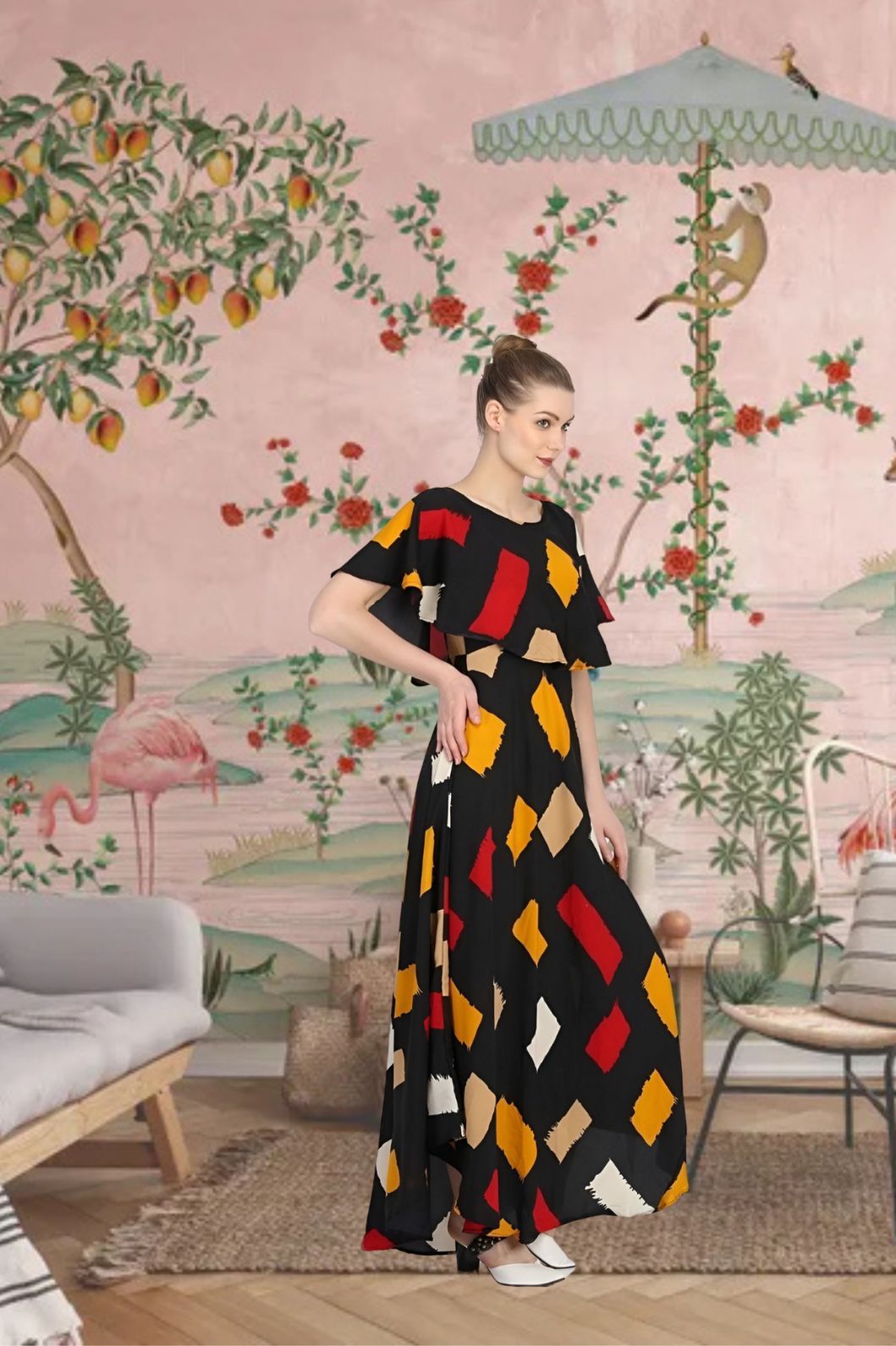 Side profile of multicolor crepe gown in palace room background