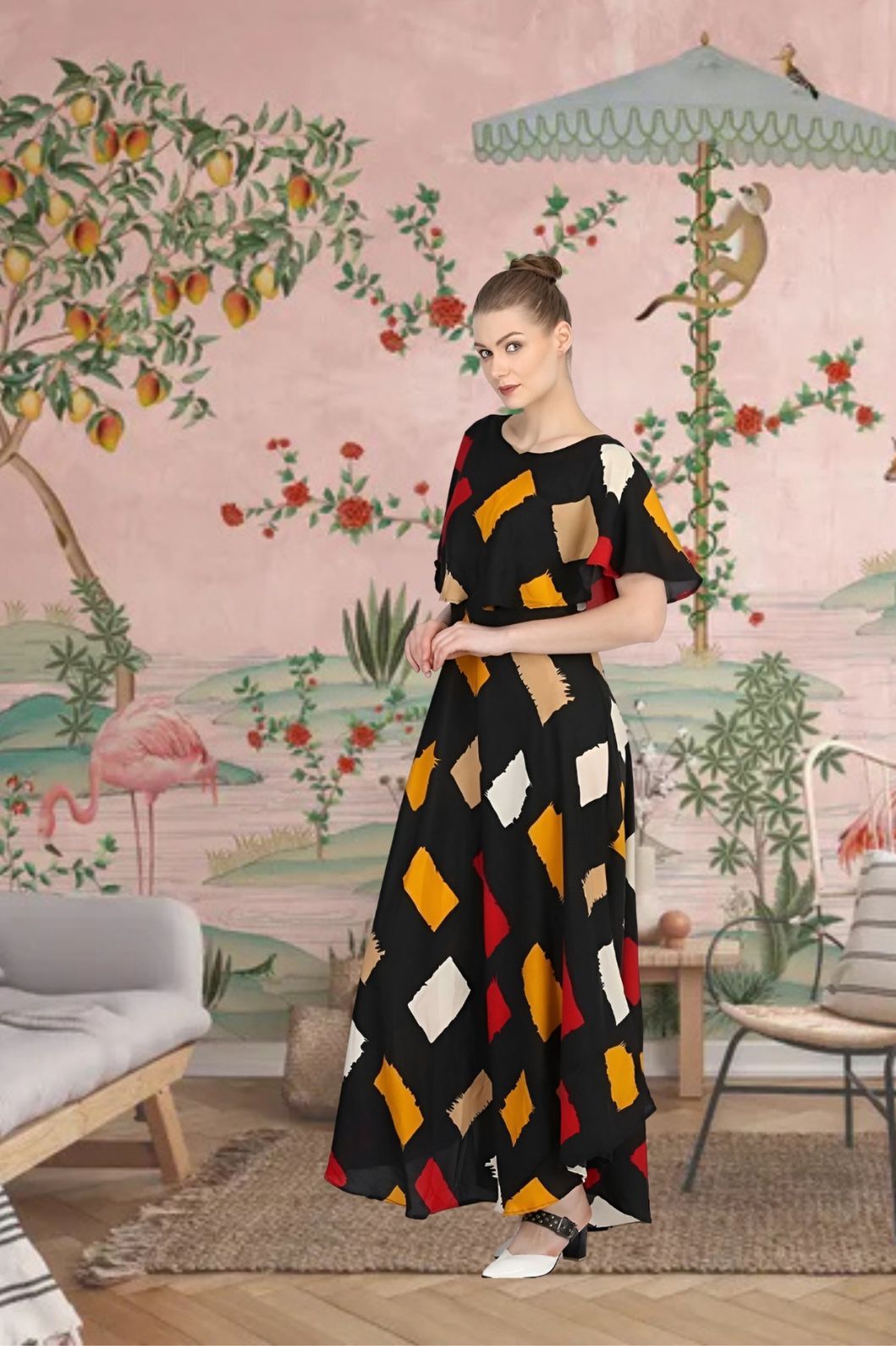 Right angle view of CELESTINA printed crepe gown in multi shades