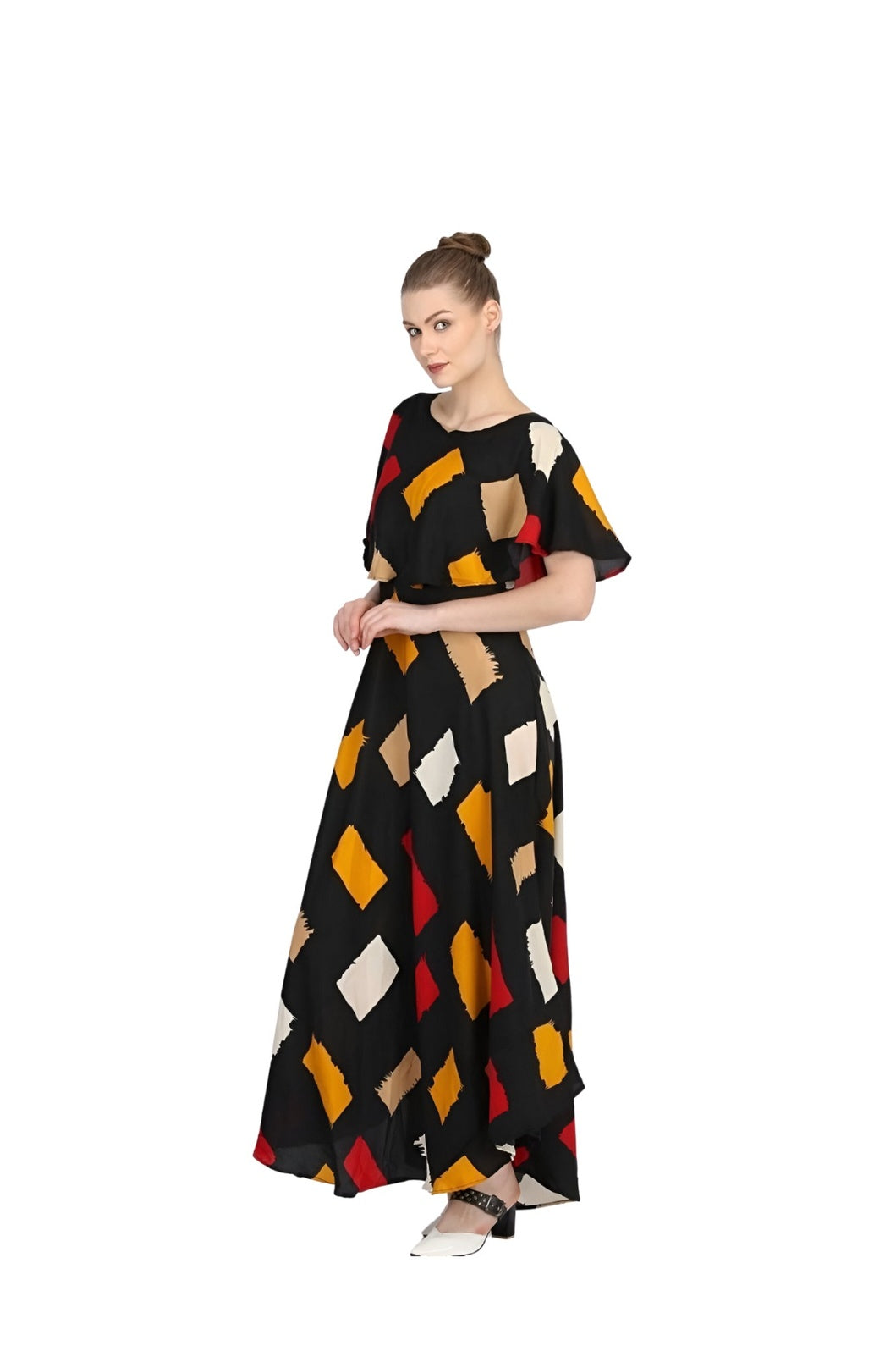 Right side image of CELESTINA multi color floral print gown