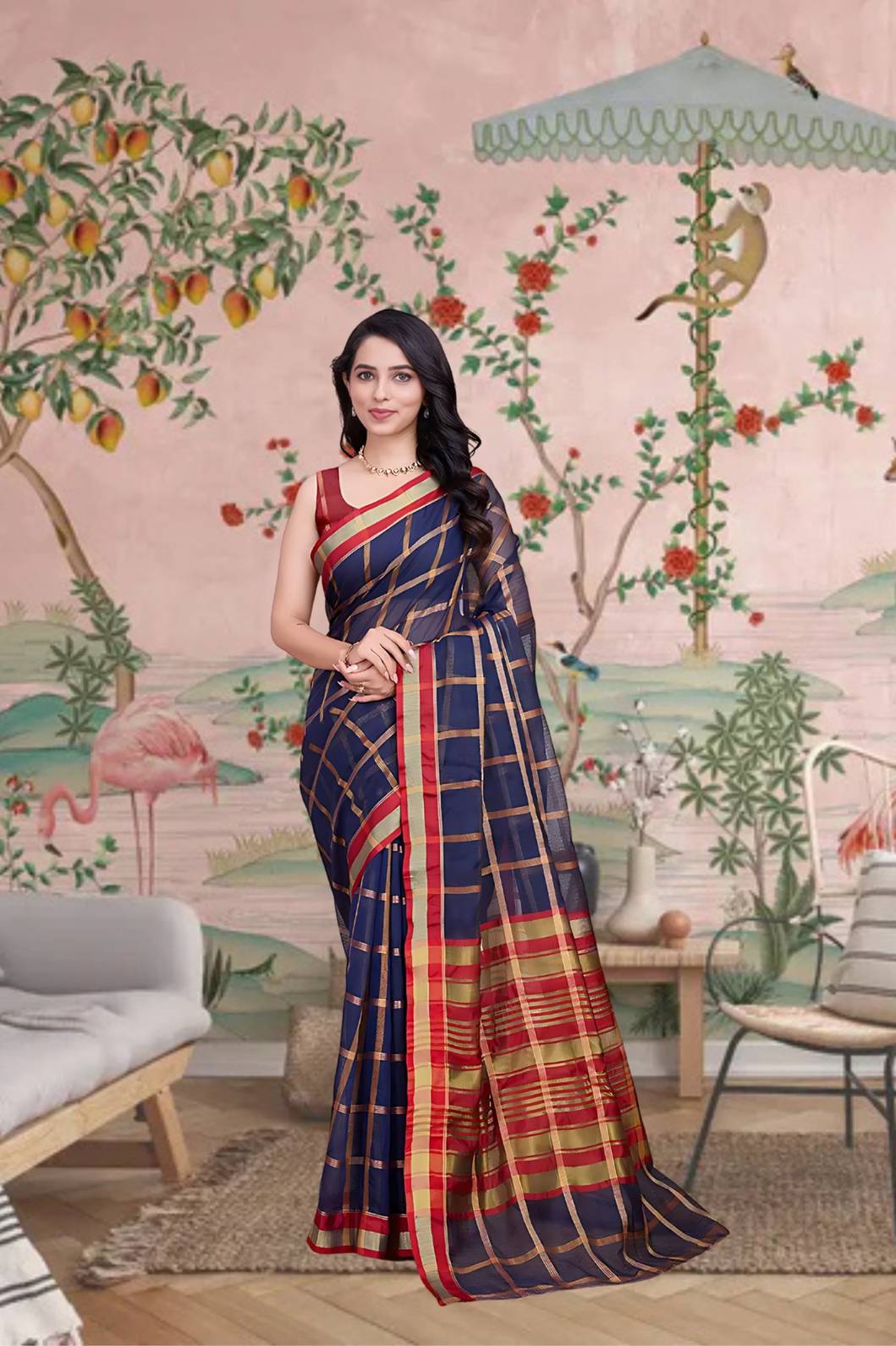 Front view of navy blue checkered saree radiating elegance in palace lighting