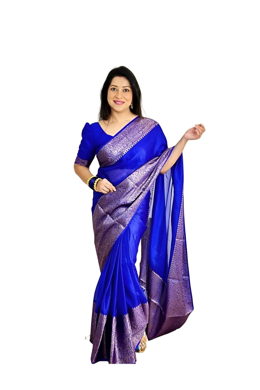 Studio front shot with crisp pleating in soft Lichi silk โ white background