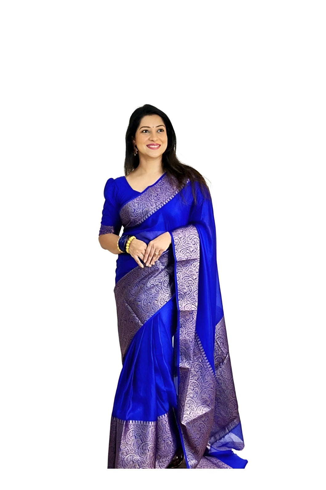 Studio front shot with crisp pleating in soft Lichi silk โ white background