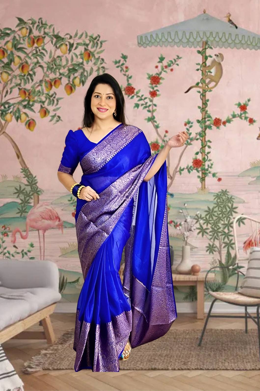 Front view of ๐ Ratnavyatha blue silk saree draped fully โ lifestyle background