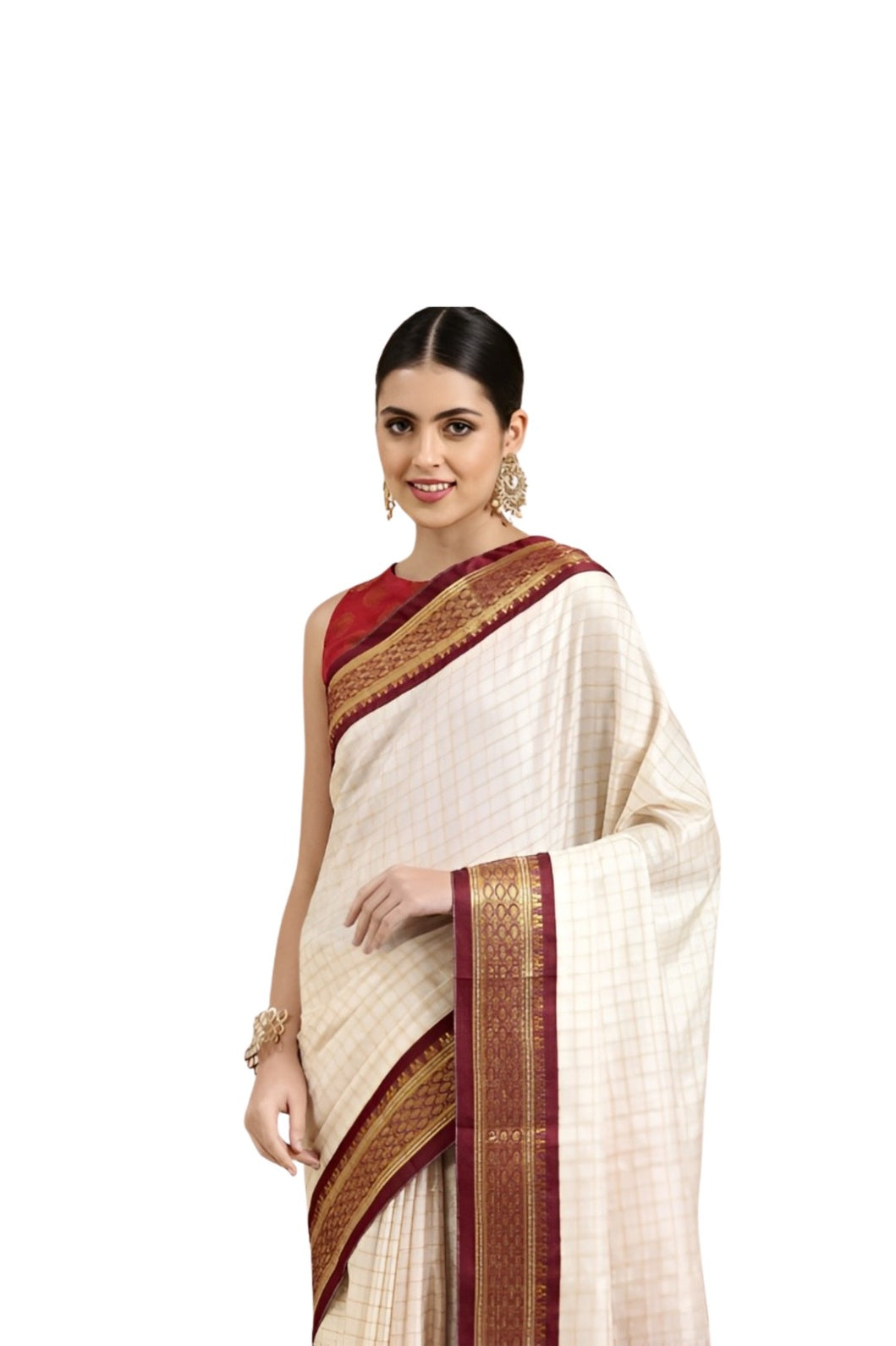 Studio front angle of white checkered saree with defined maroon blouse