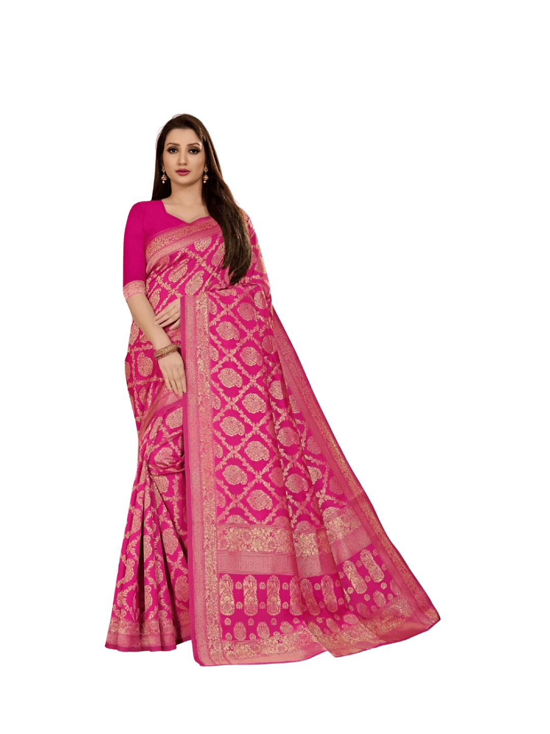 Model in elegant stance, pink saree flowing like devotional verses with golden motifs