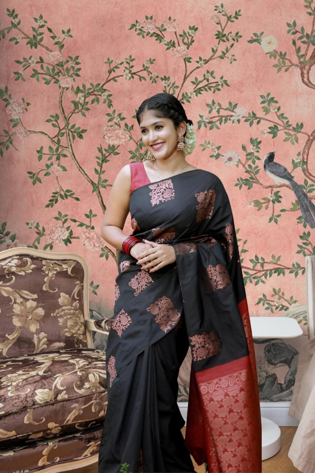 Front view of black-red silk saree in palace setting