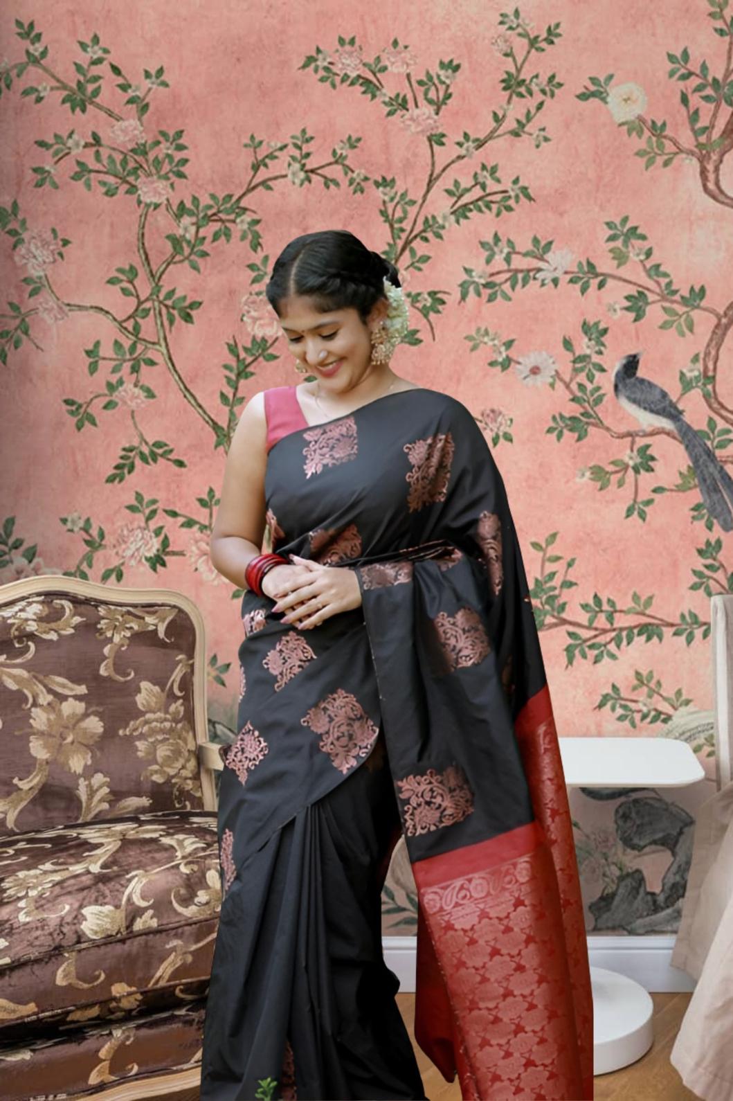 Front view of black-red silk saree in palace setting