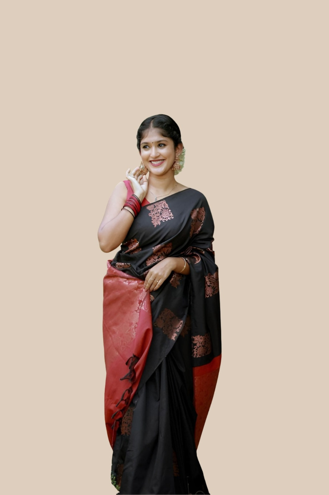 Studio front shot of black-red printed silk saree with blouse