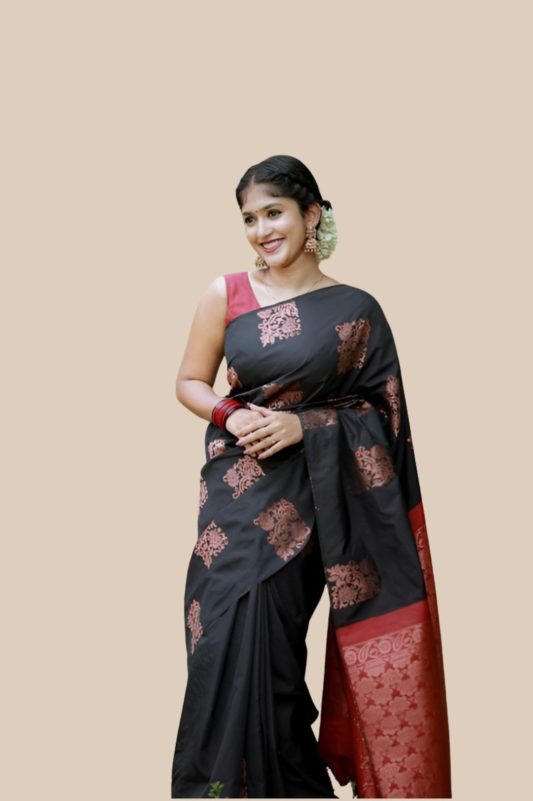 Studio front shot of black-red printed silk saree with blouse